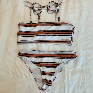 Horizontal Striped Bikini | White and Salmon Striped Bathing Suit | Size Small